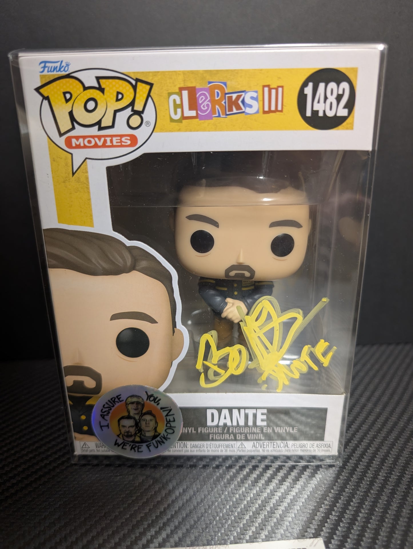 SIGNED Brian O'Halloran Funko Pop! Dante 1482 JSA PopShield protector with Secret Stash exclusive "I ASSURE YOU WE'RE FUNK-OPEN" sticker